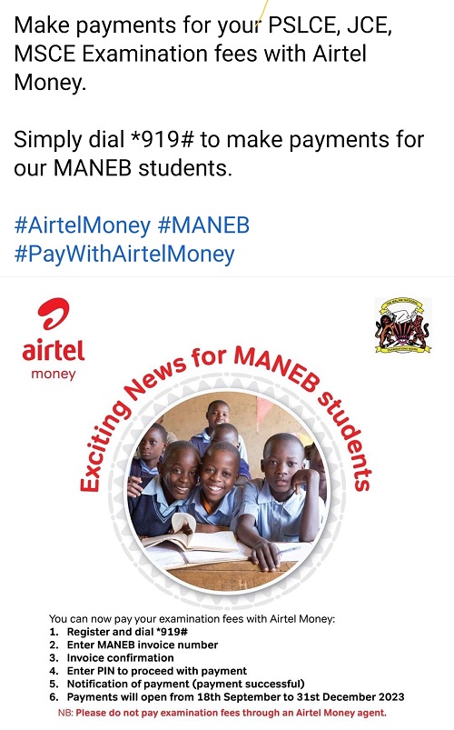 Airtel Money - Payment of MANEB examinations fees procedure